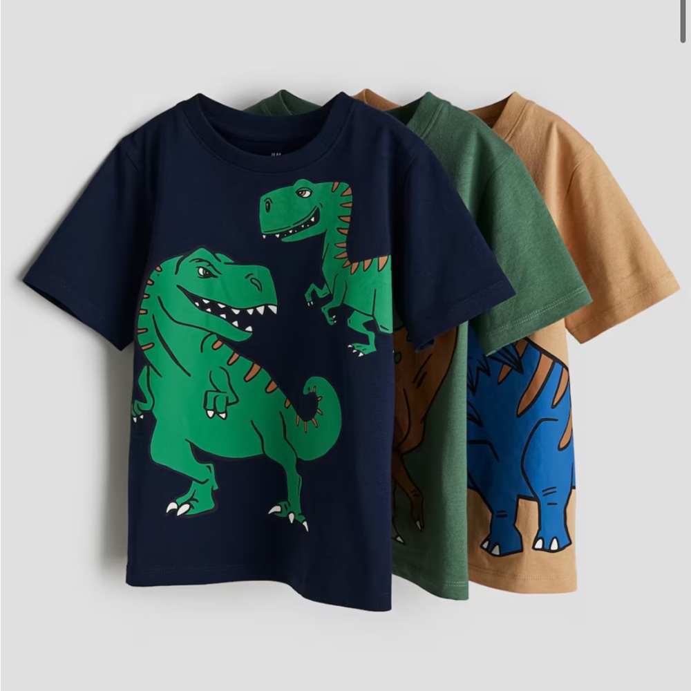 NEW H&M Dinosaur Print Kids T-Shirt Set - 3/4T - Navy, Green, Tan